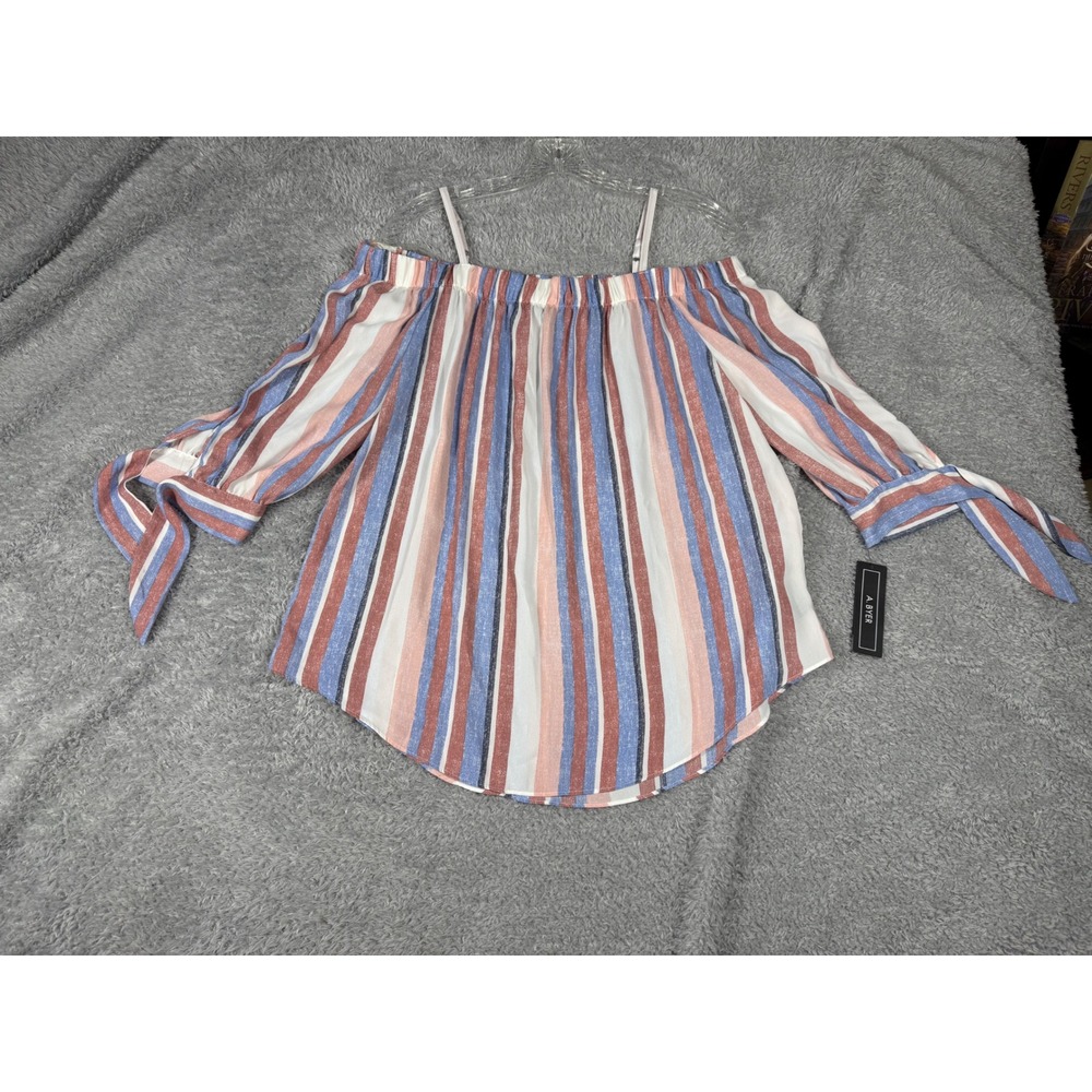 A. Byer Striped Off Shoulder Top Womens Large Blue Coral NWT 1079POP Tie Sleeve